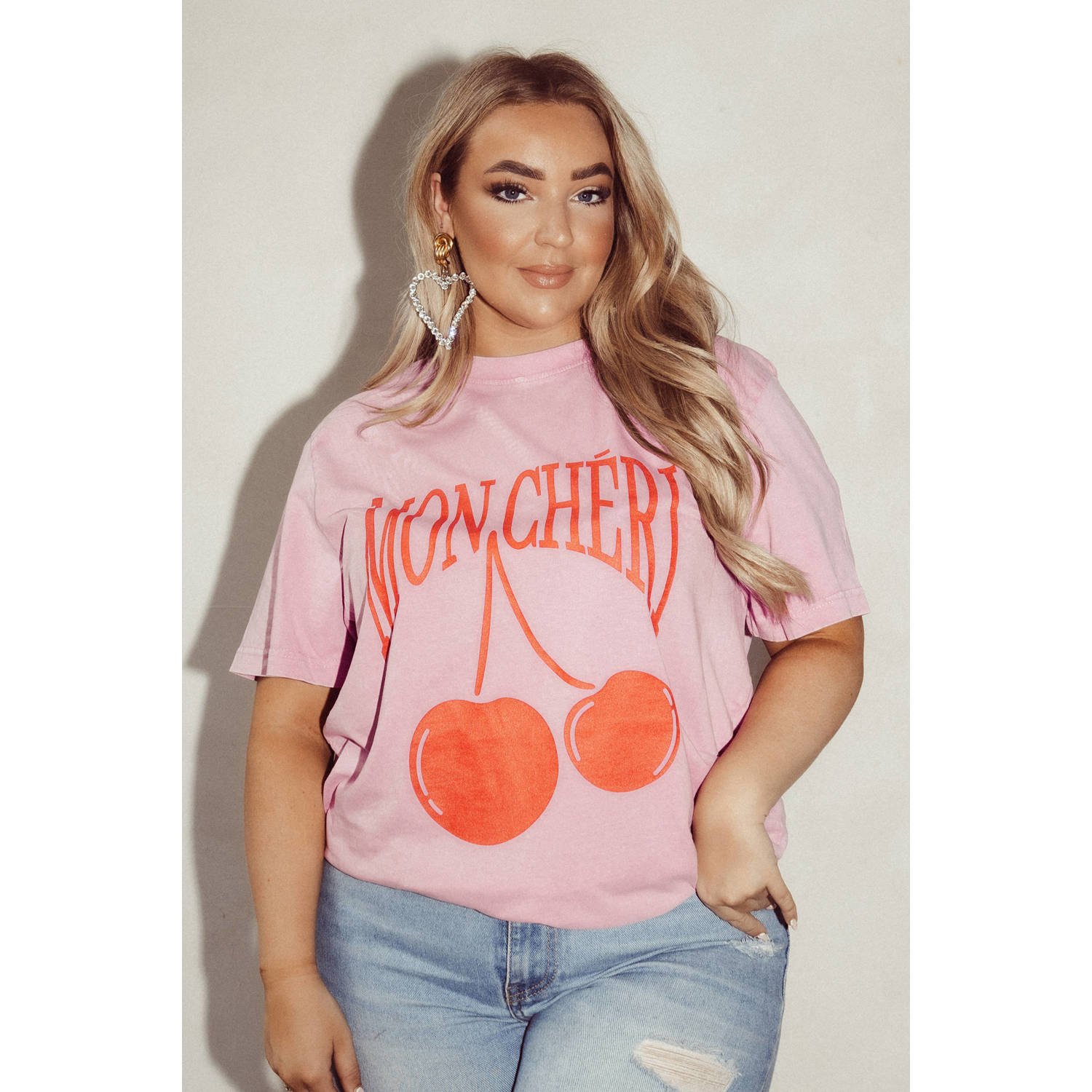 Pinned by K Curve T-shirt Mon Cheri met printopdruk lichtroze