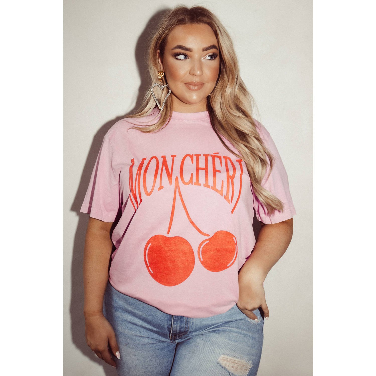 Pinned by K Curve T-shirt Mon Cheri met printopdruk lichtroze