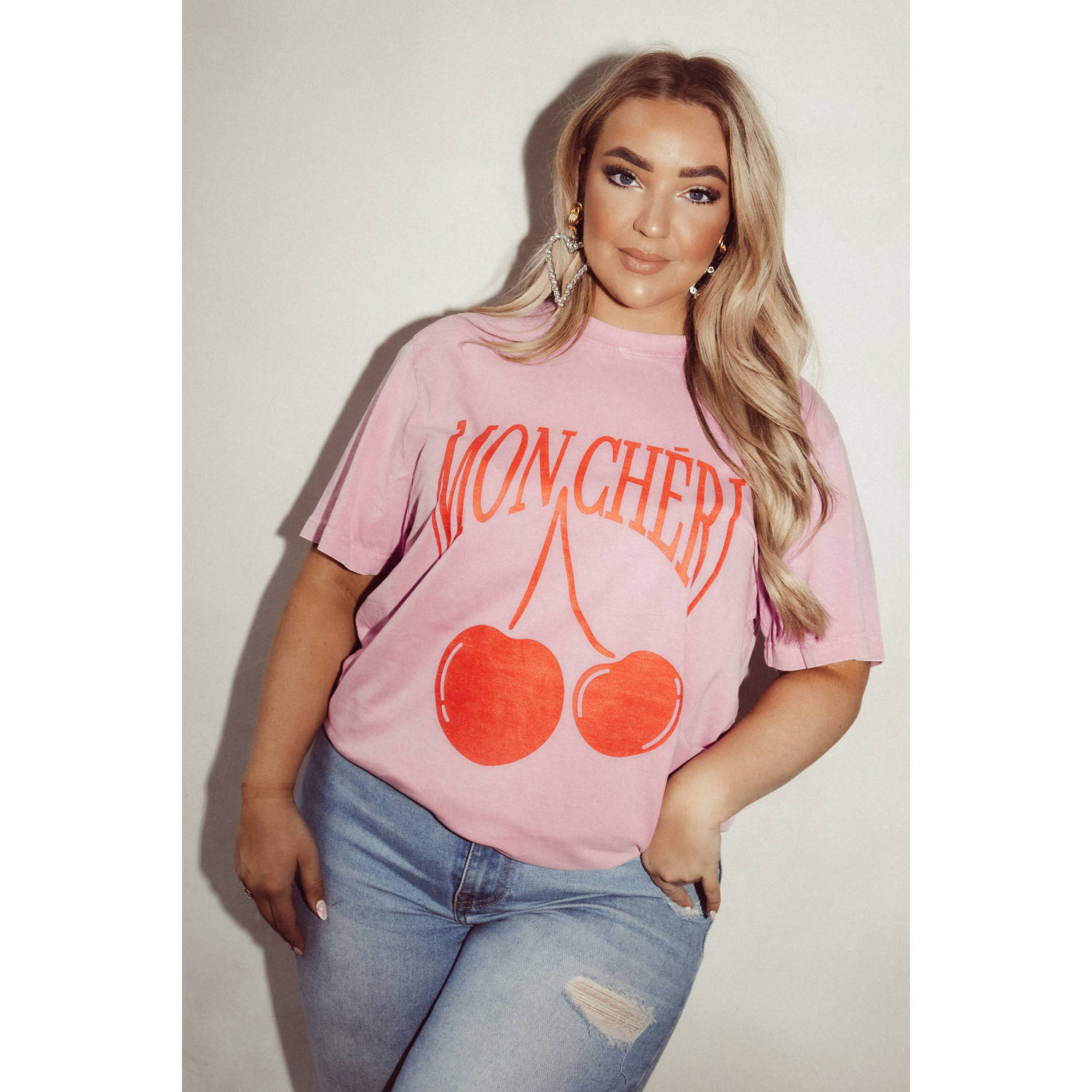 Pinned by K Curve T-shirt Mon Cheri met printopdruk lichtroze