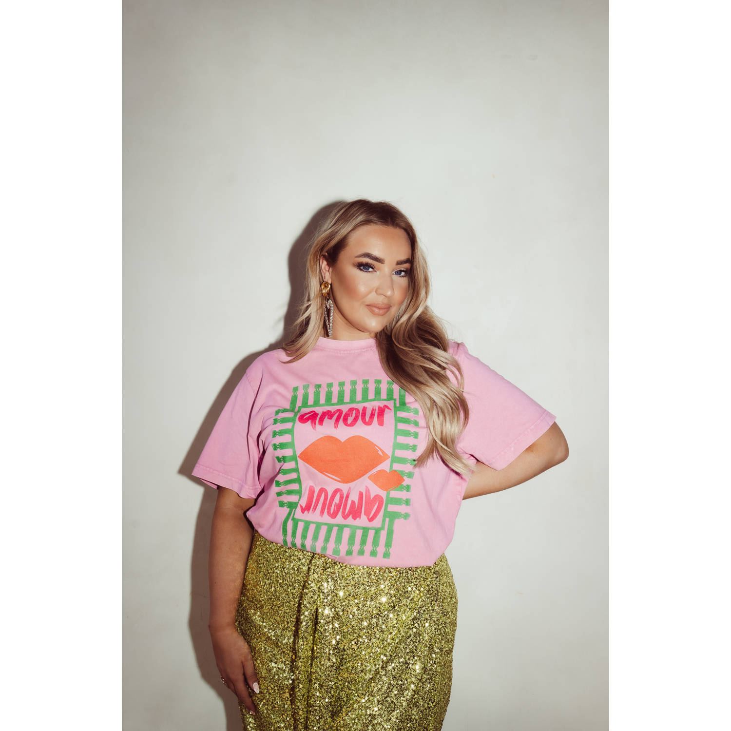 Pinned by K Curve T-shirt Amour met printopdruk lichtroze
