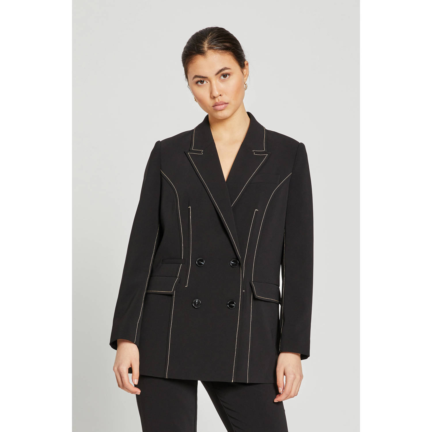 Bruuns Bazaar Zwarte Blazer met Witte Stiksels Black Dames