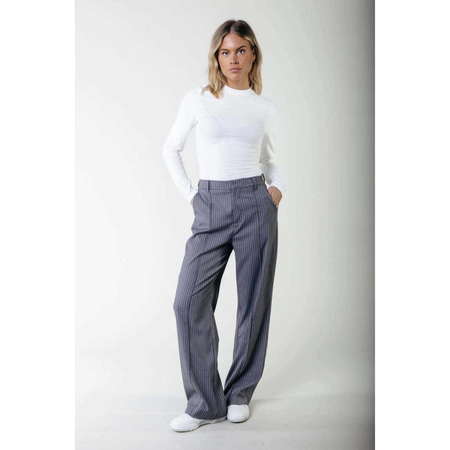 Colourful Rebel high waist wide leg broek met krijtstreep grijs wit