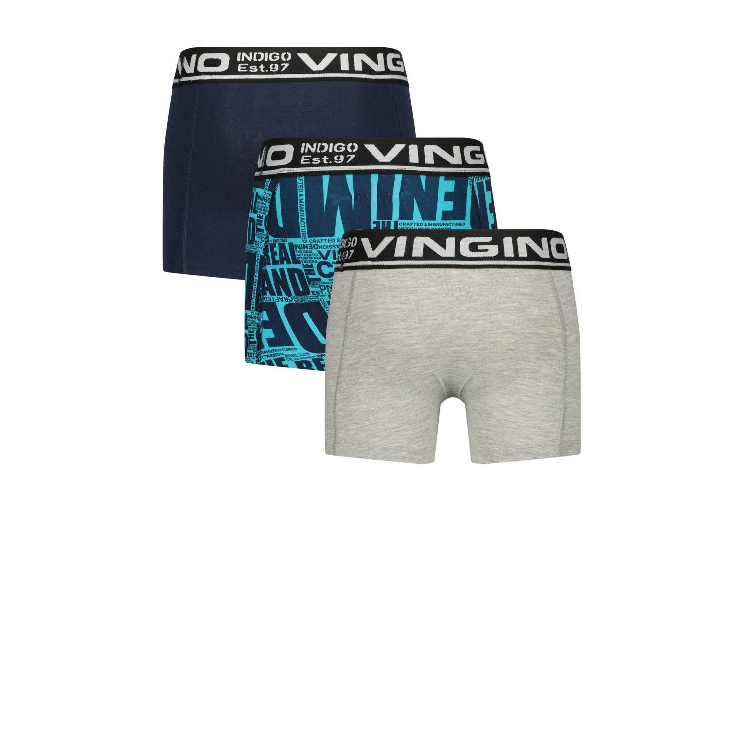 Vingino boxershort Paper Text set van 3 donkerblauw grijs melange