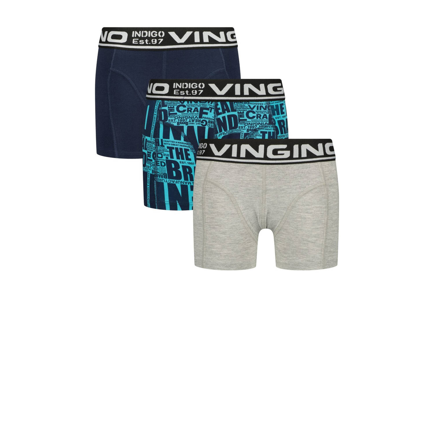 VINGINO boxershort Paper Text set van 3 donkerblauw grijs melange Jongens Stretchkatoen 110 116