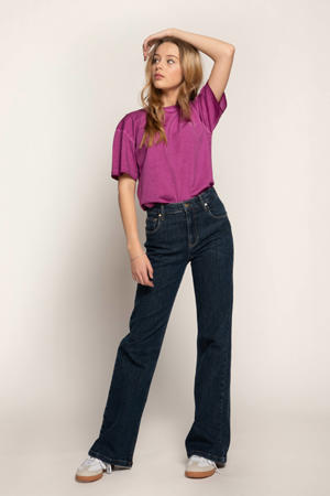 high waist straight leg jeans medium blue denim
