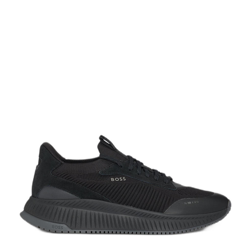 Zwarte heren BOSS sneakers van leer en textiel met veters