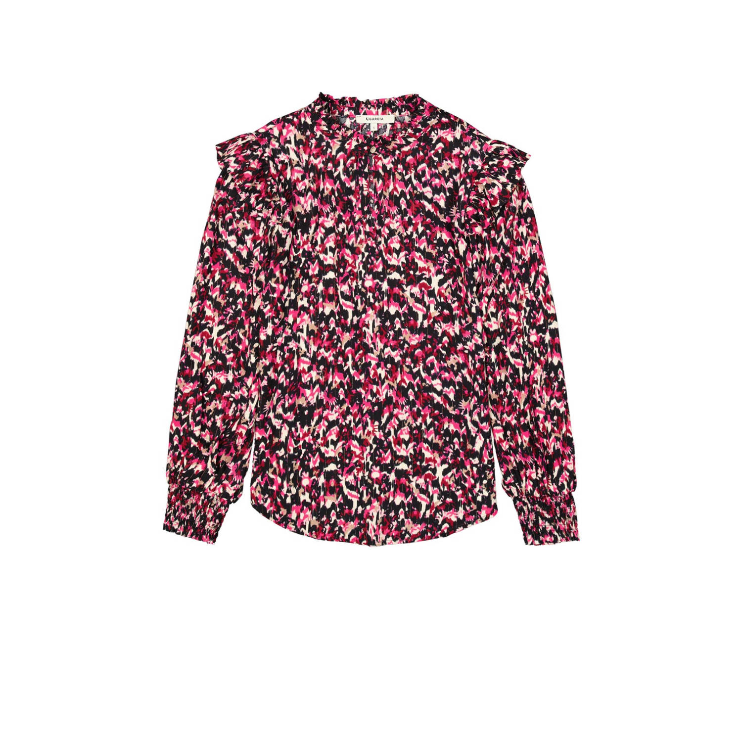 Garcia blouse met all over print en ruches roze zwart wit