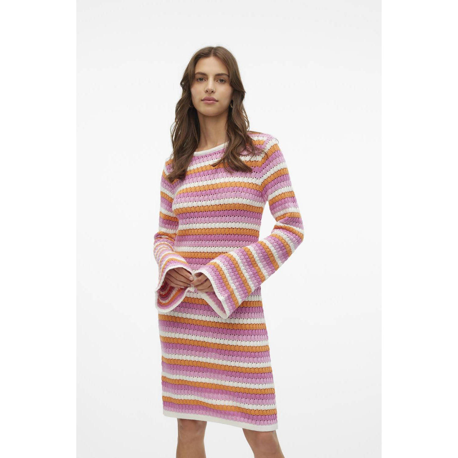 VERO MODA gestreepte gebreide crochet jurk SNRIHANNA roze oranje ecru