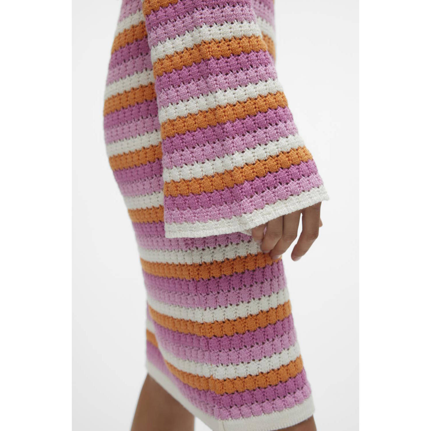 VERO MODA gestreepte gebreide crochet jurk SNRIHANNA roze oranje ecru