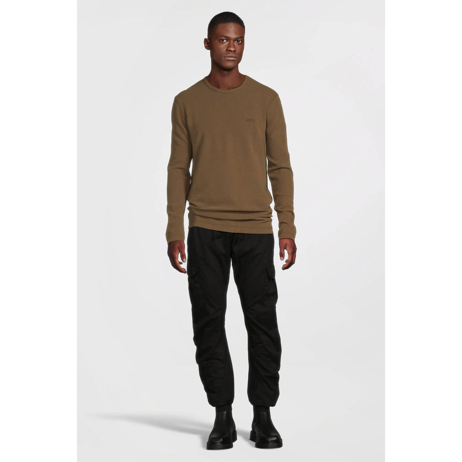 BOSS regular fit longsleeve Tempesto met logo en textuur open brown