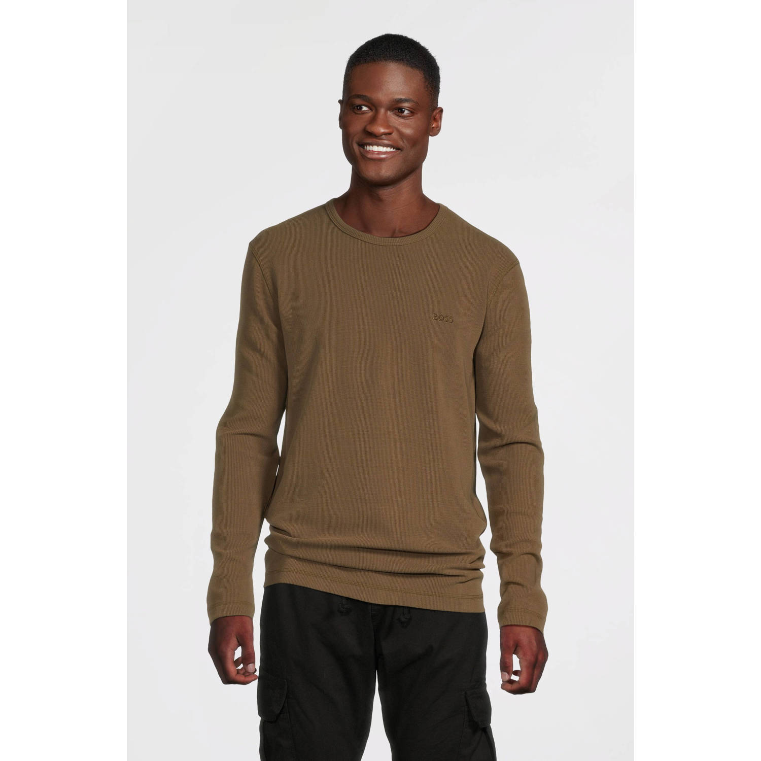 BOSS regular fit longsleeve Tempesto met textuur open brown