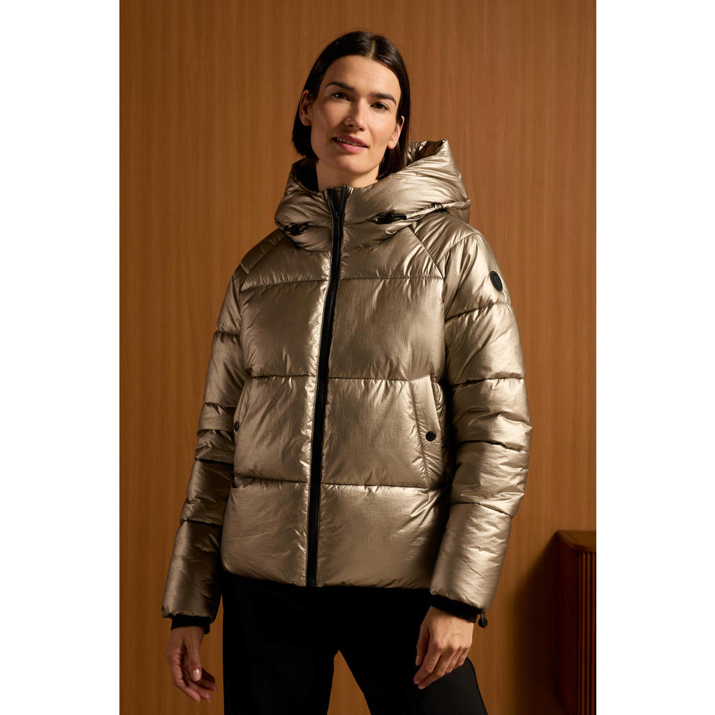 Bronzen dames Geisha gewatteerde winterjas van nylon met effen, lange mouwen, capuchon en ritssluiting