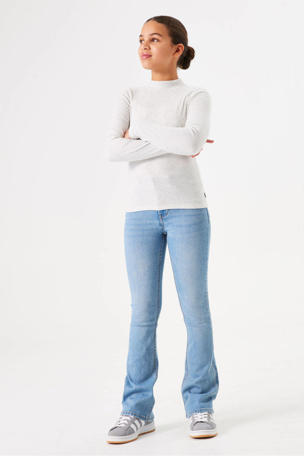 Light blue denim meisjes Garcia high waist flared jeans van stretchdenim met rits- en knoopsluiting en effen