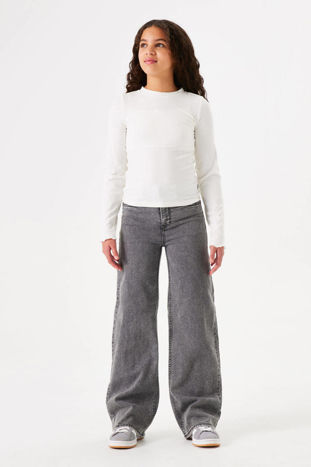 Grey denim meisjes Garcia high waist wide leg jeans van stretchdenim met rits- en knoopsluiting en effen