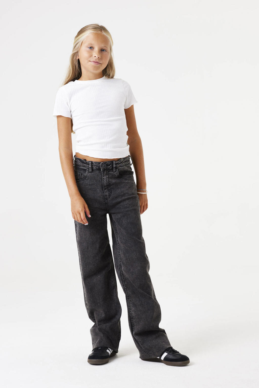 Grey denim meisjes Garcia high waist straight leg jeans van stretchdenim met rits- en knoopsluiting en effen