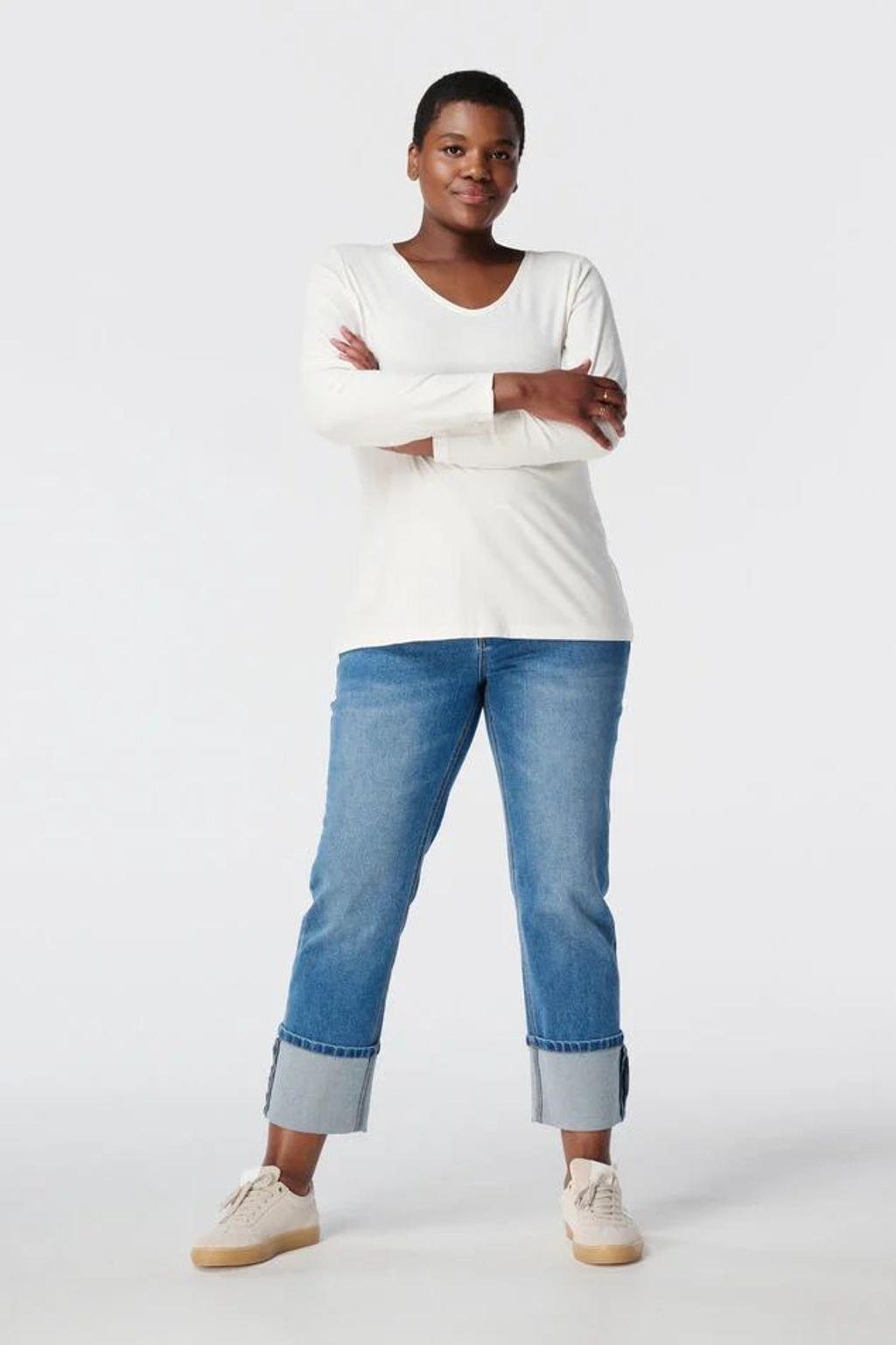 Crème dames MS Mode longsleeve van viscose met effen, lange mouwen en V-hals