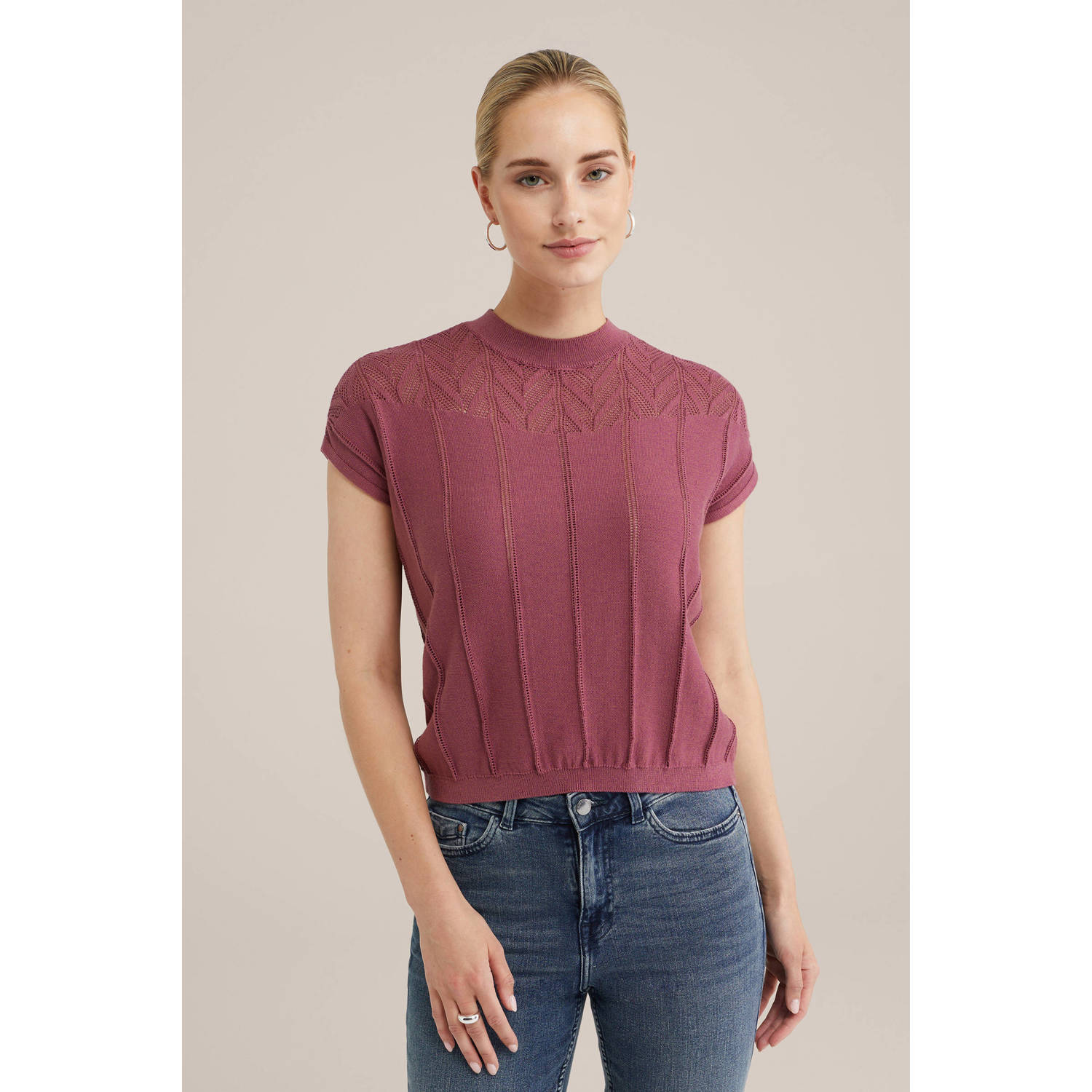 WE Fashion gebreide top met ingebreid patroon licht aubergine