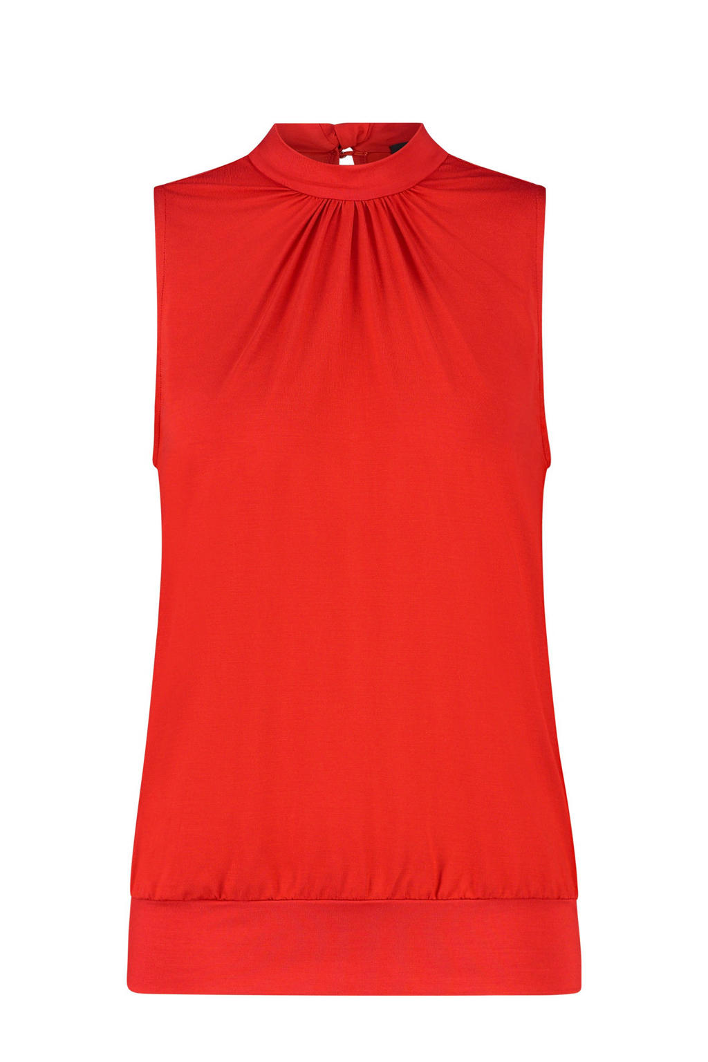 Rode dames Expresso top van viscose met effen, halterkraag, knoopsluiting en knoopdetail