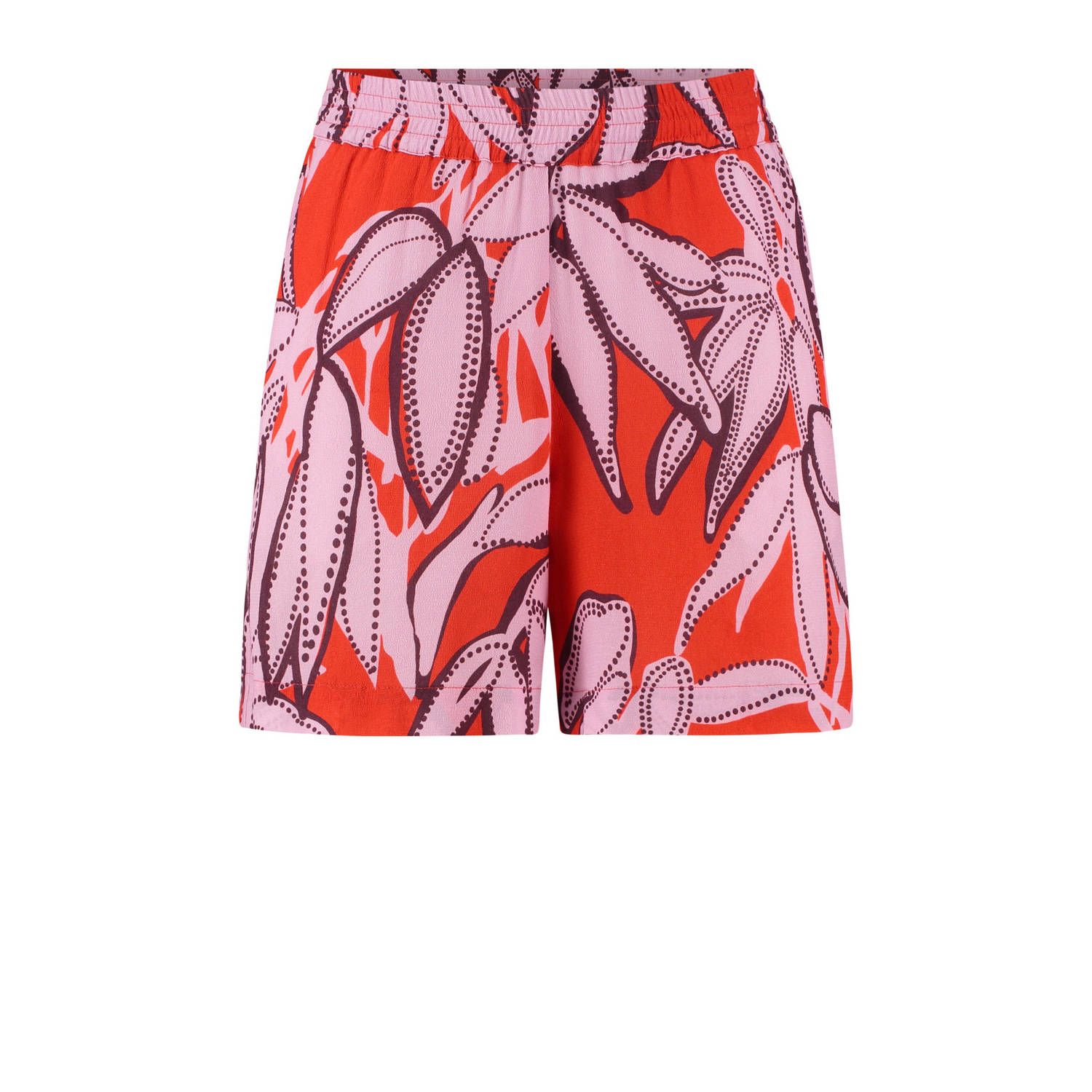 Expresso relaxed short met bladprint rood roze