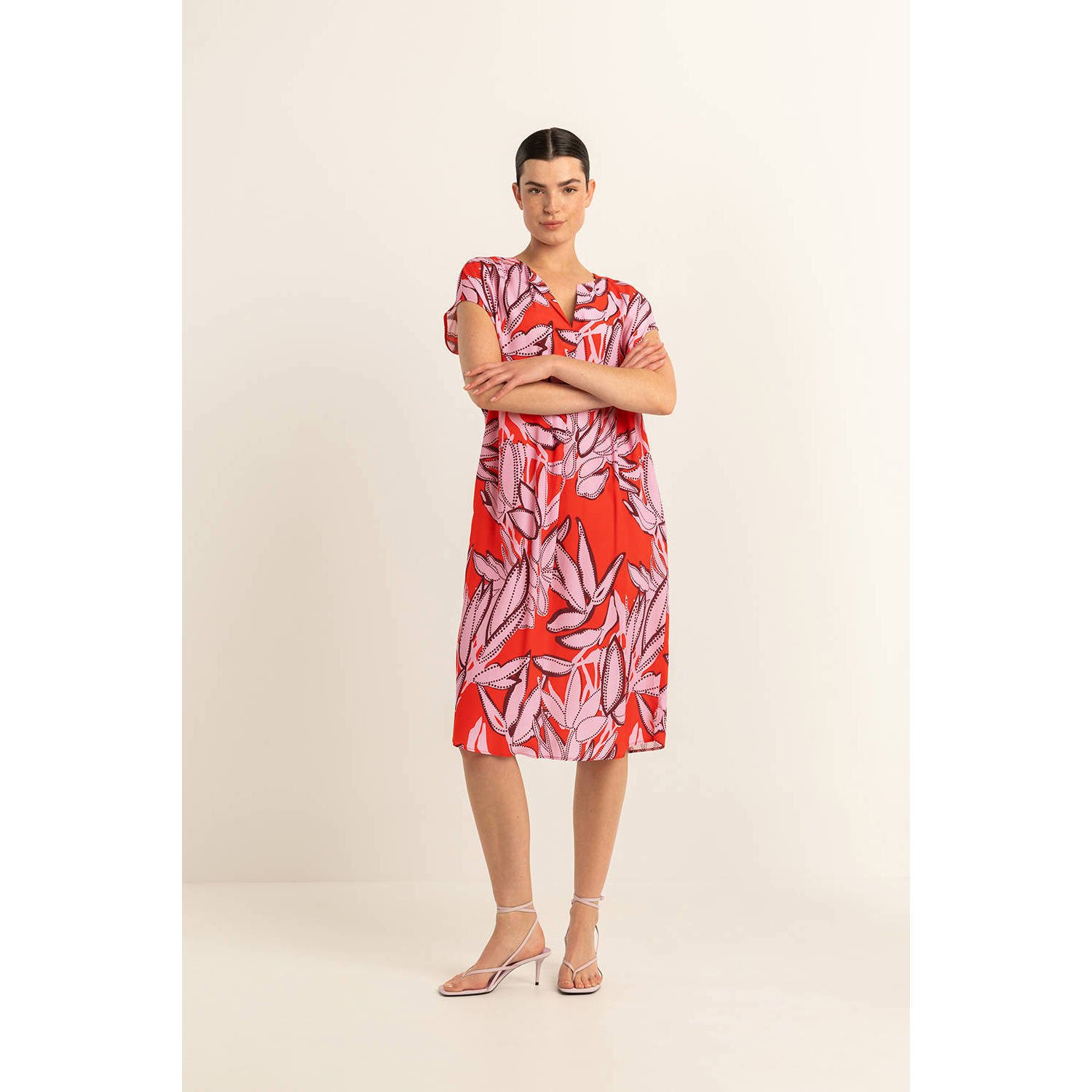 Expresso jurk met bladprint rood roze