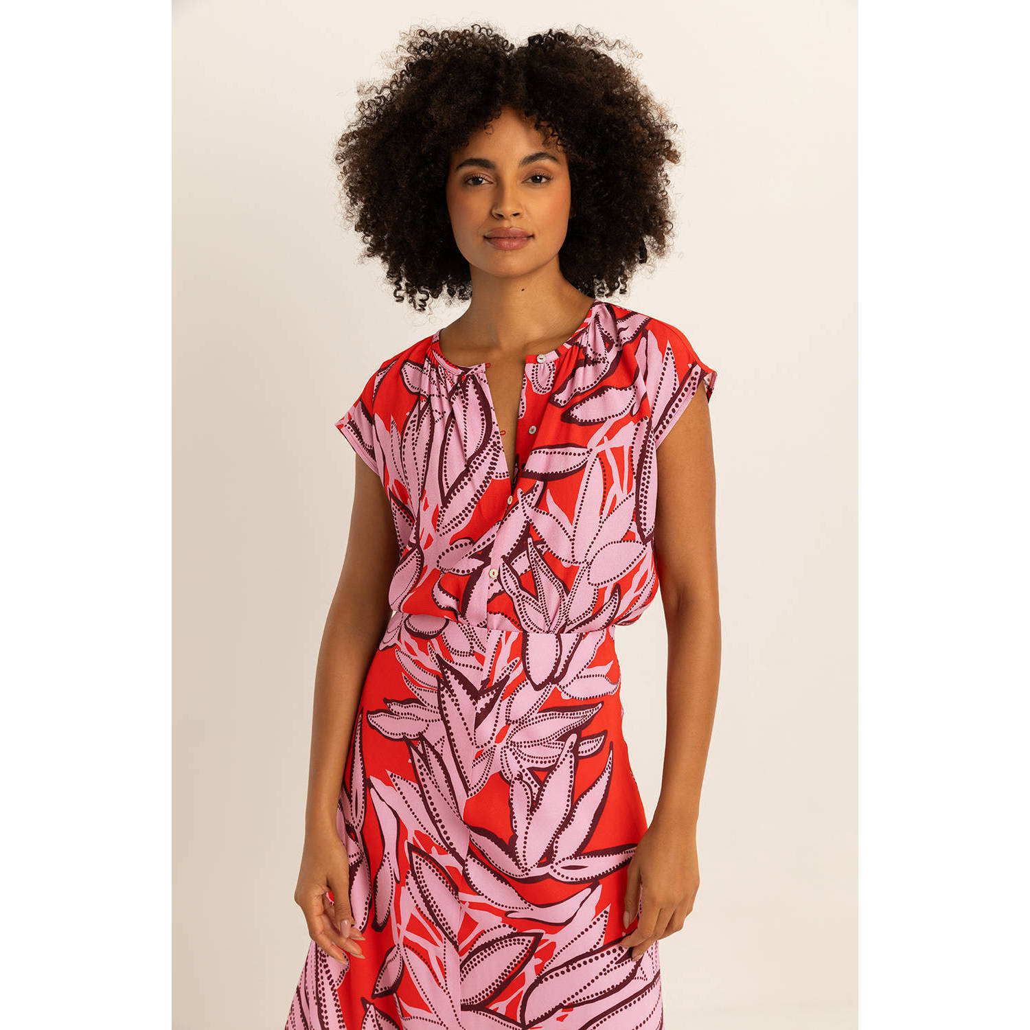 Expresso geweven top met bladprint rood roze