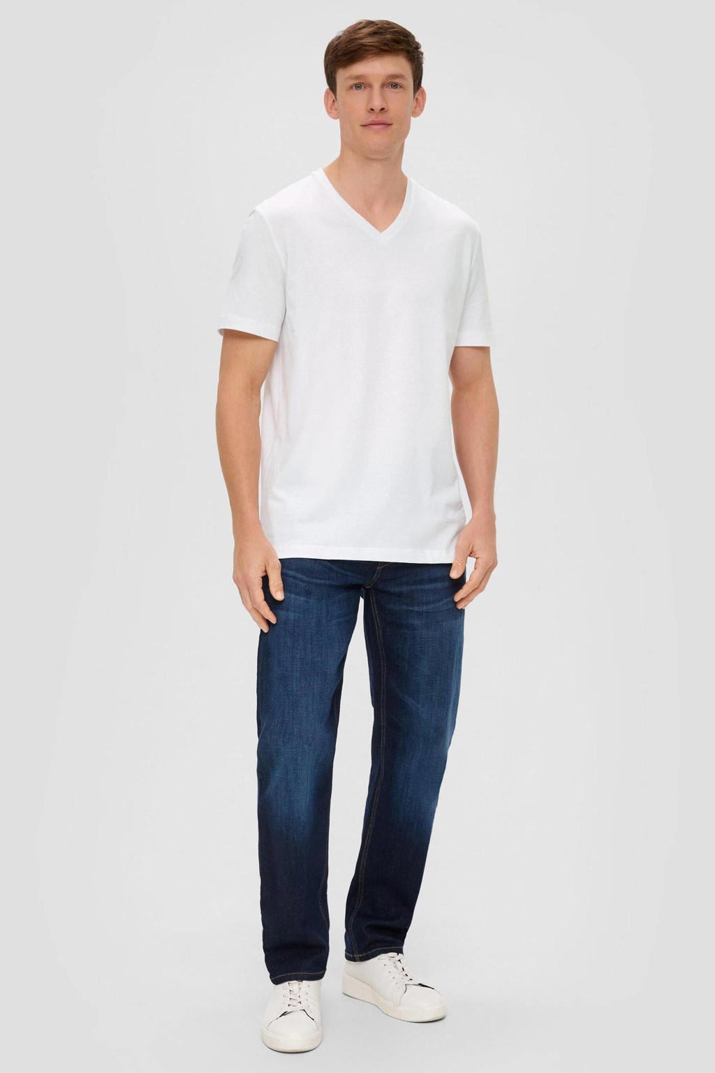 Witte heren s.Oliver regular T-shirt set van 2 van katoen met effen, korte mouwen en V-hals