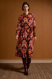 thumbnail: Multikleurige dames Geisha blousejurk van viscose met lange mouwen, klassieke kraag, knoopsluiting en ceintuur