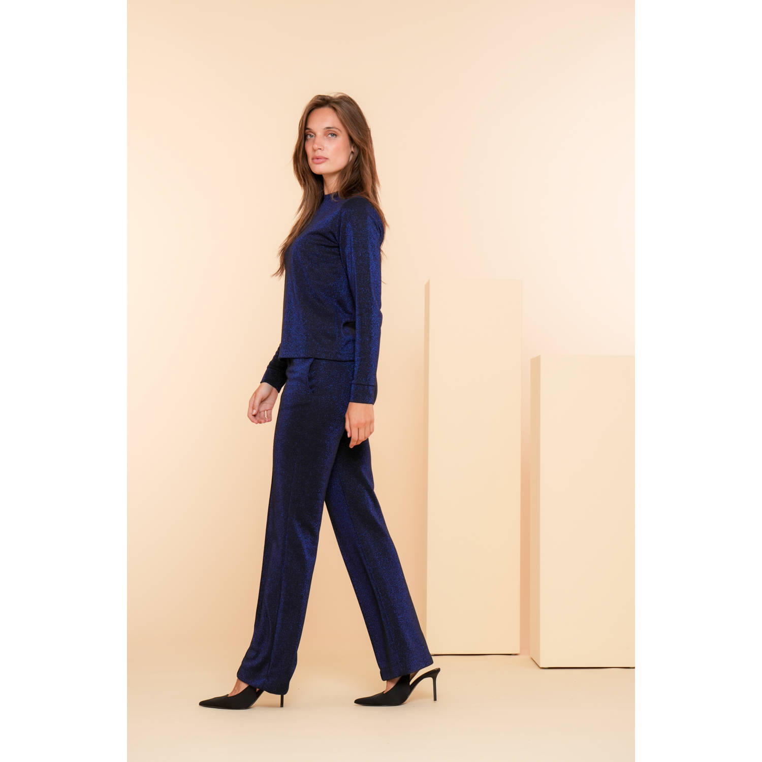 Geisha flared broek met lurex donkerblauw
