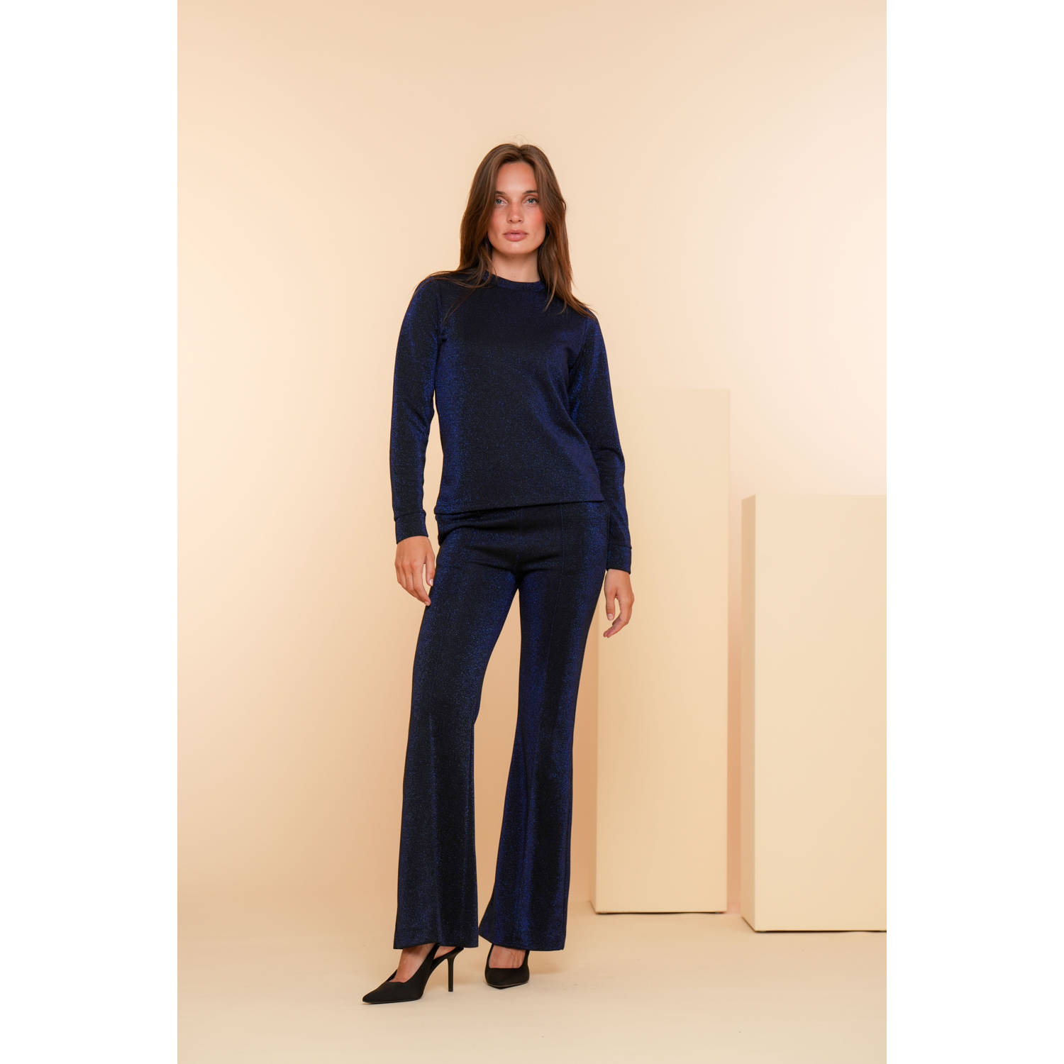 Geisha flared broek met lurex donkerblauw