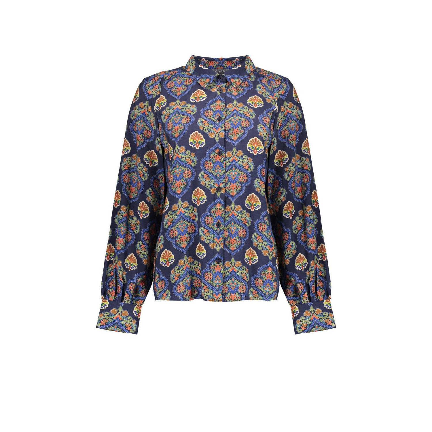 Geisha blouse met all over print donkerblauw groen oranje