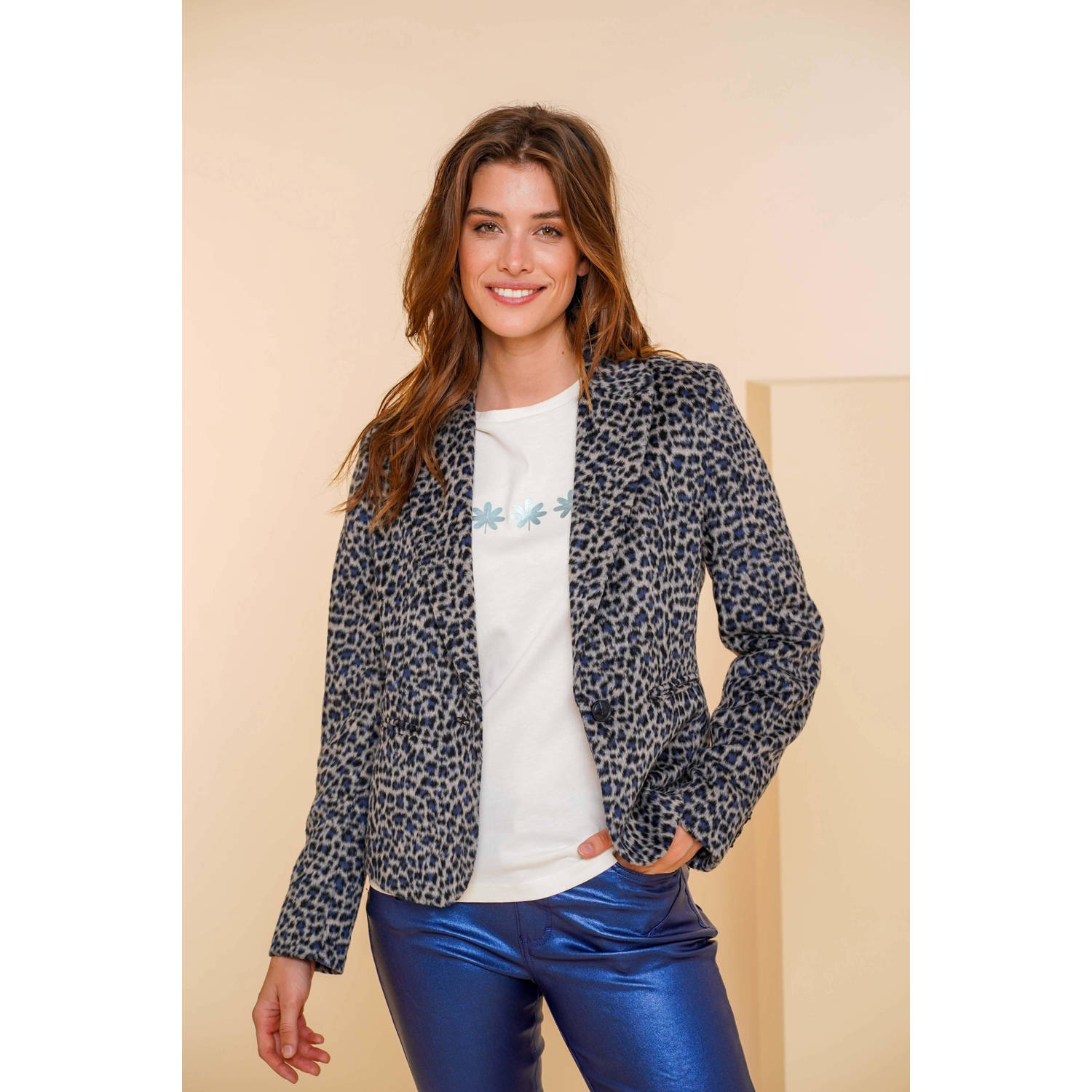 Geisha rechtvallende blazer met panterprint grijs blauw zwart