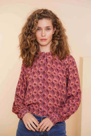 thumbnail: Roze dames Geisha blouse van viscose met lange mouwen, opstaande kraag en knoopsluiting