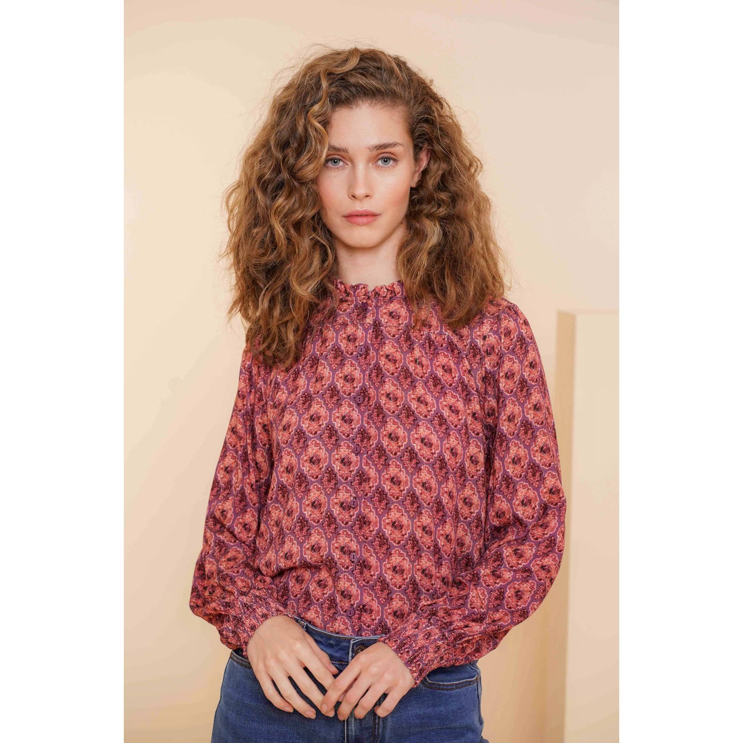Geisha blouse met all over print roze