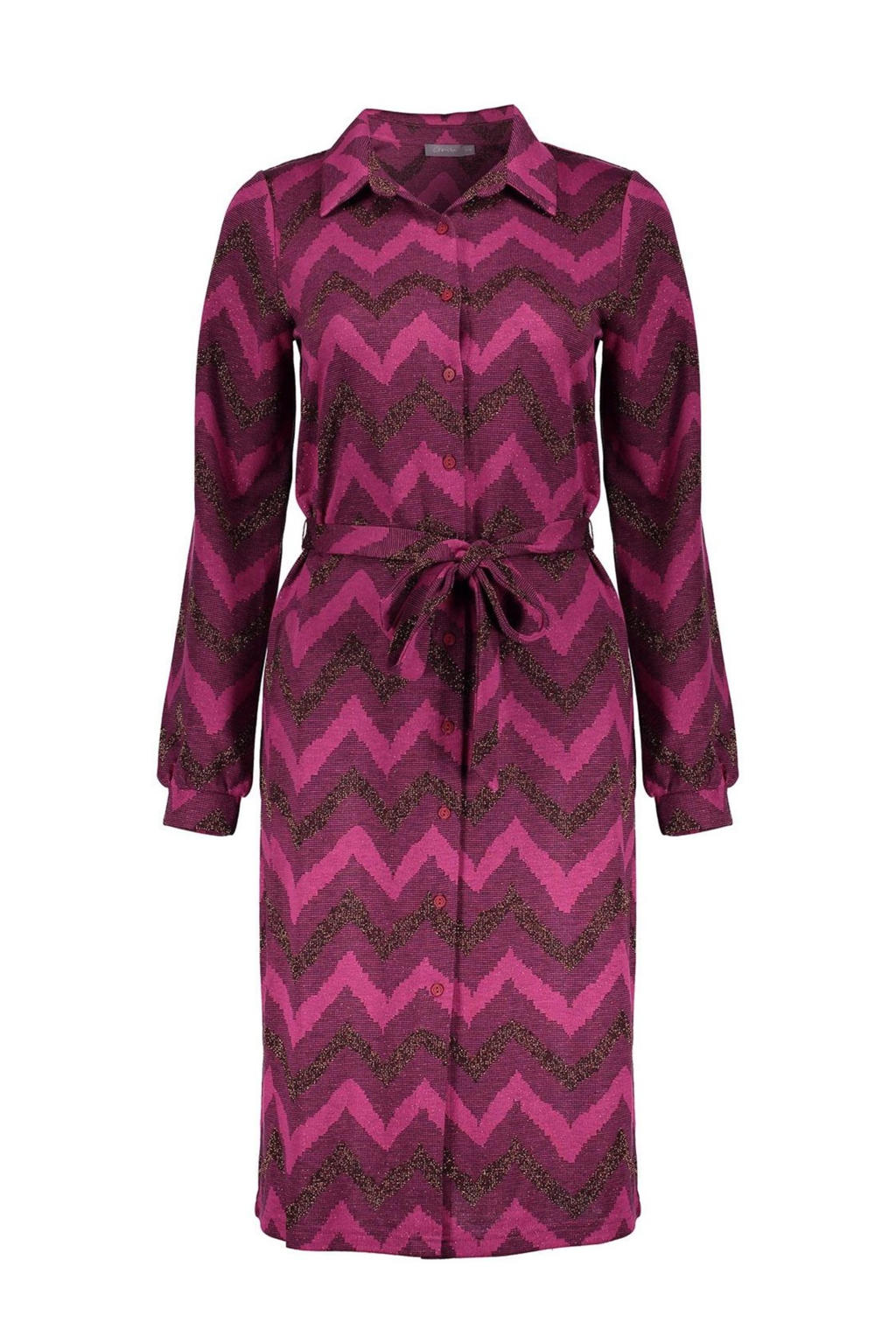 Fuchsia dames Geisha jurk van polyester met lange mouwen, klassieke kraag, knoopsluiting en ceintuur