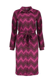 thumbnail: Fuchsia dames Geisha jurk van polyester met lange mouwen, klassieke kraag, knoopsluiting en ceintuur