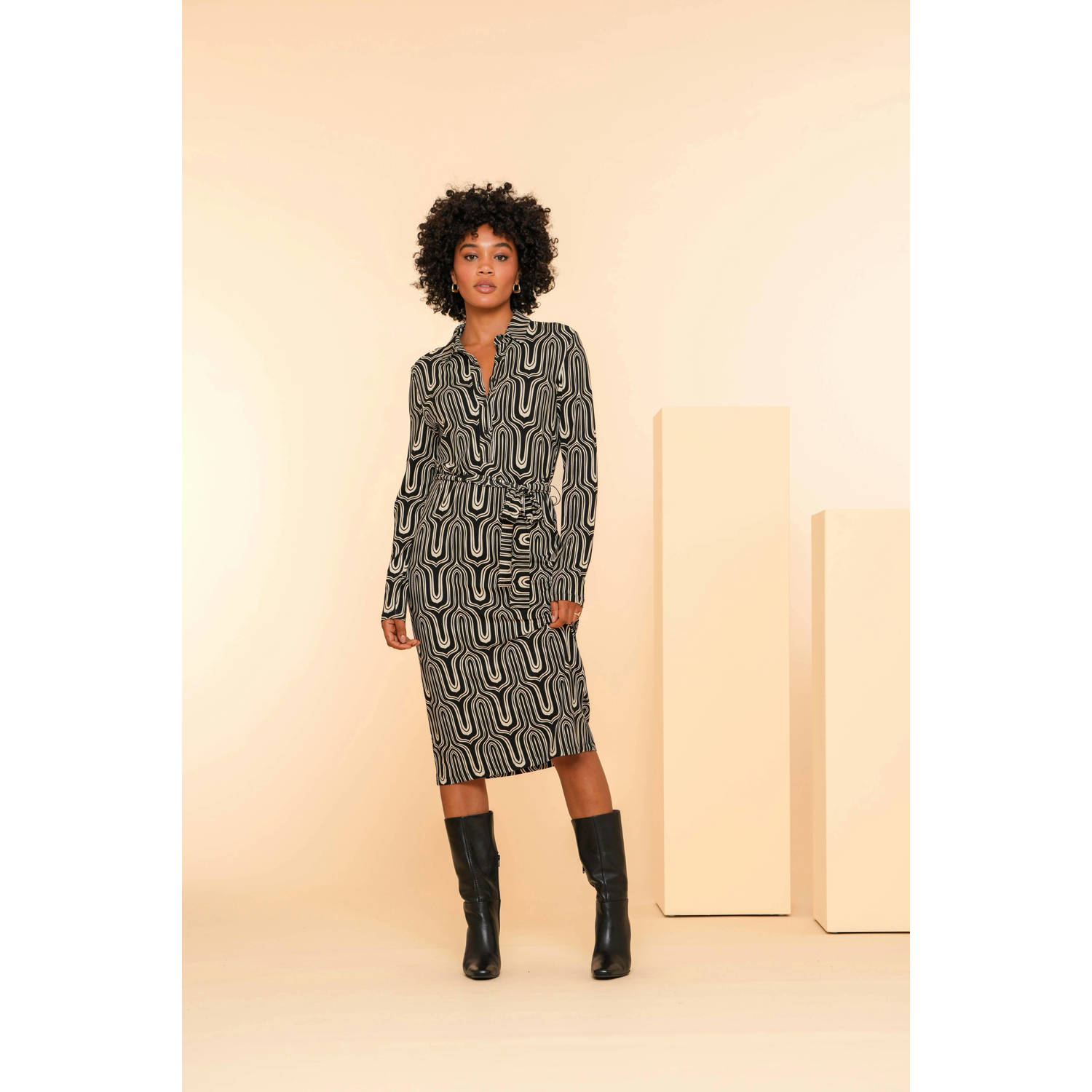 Geisha blousejurk met all over print en ceintuur zwart wit