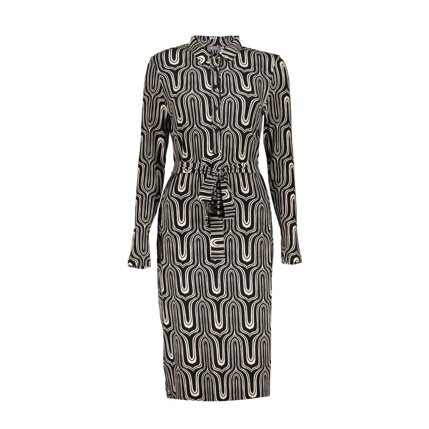 Geisha blousejurk met all over print en ceintuur zwart wit