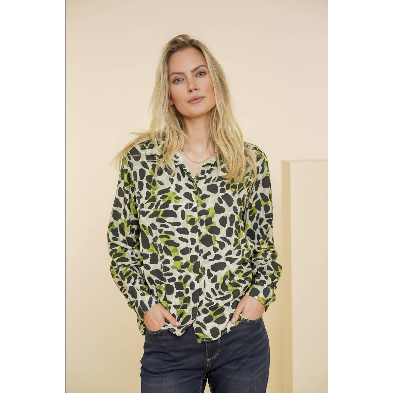 Geisha blouse met all over print grijs groen zwart
