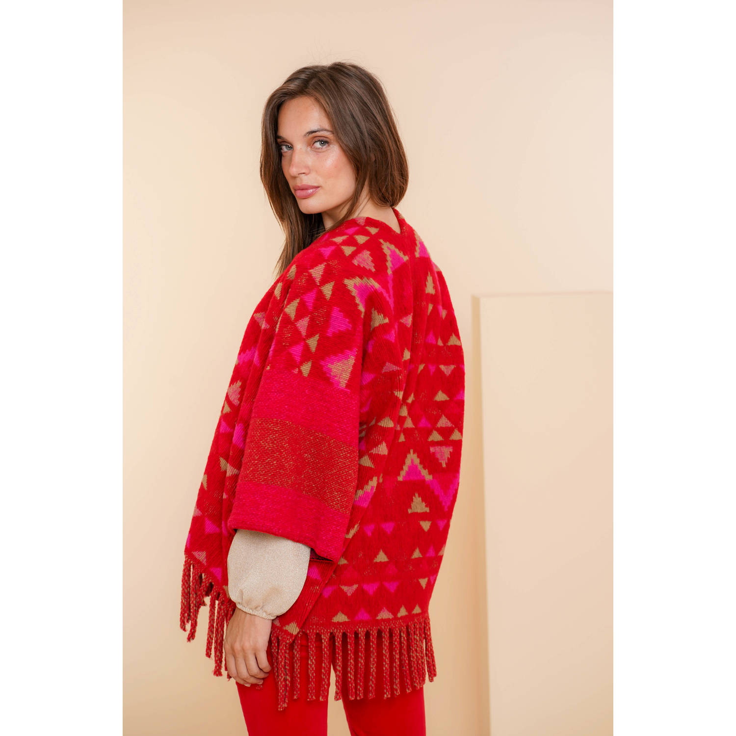 Geisha poncho met all over print rood roze