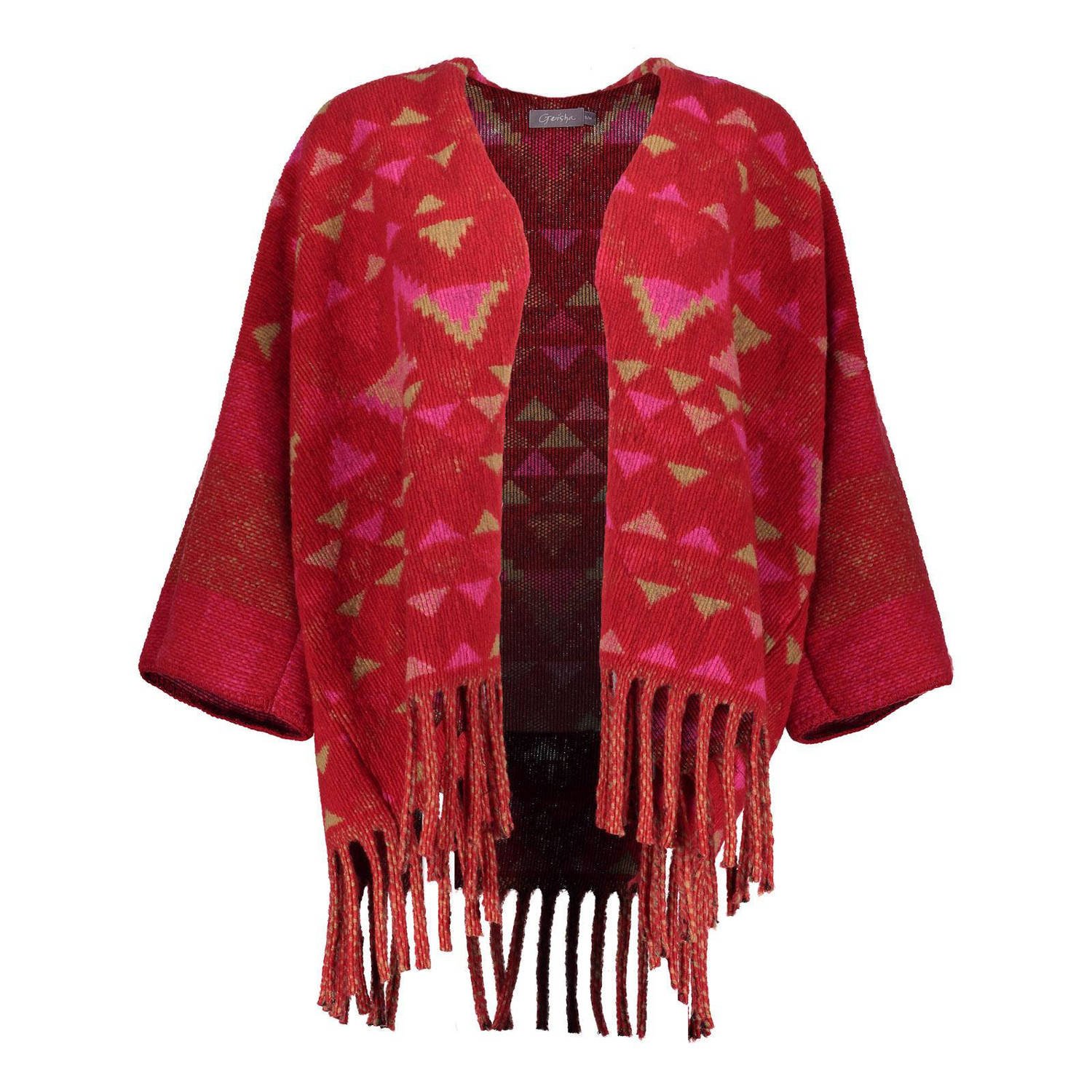 Geisha poncho met all over print rood roze