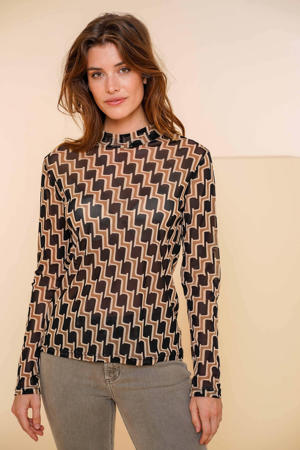 mesh top met all over print zwart/zand