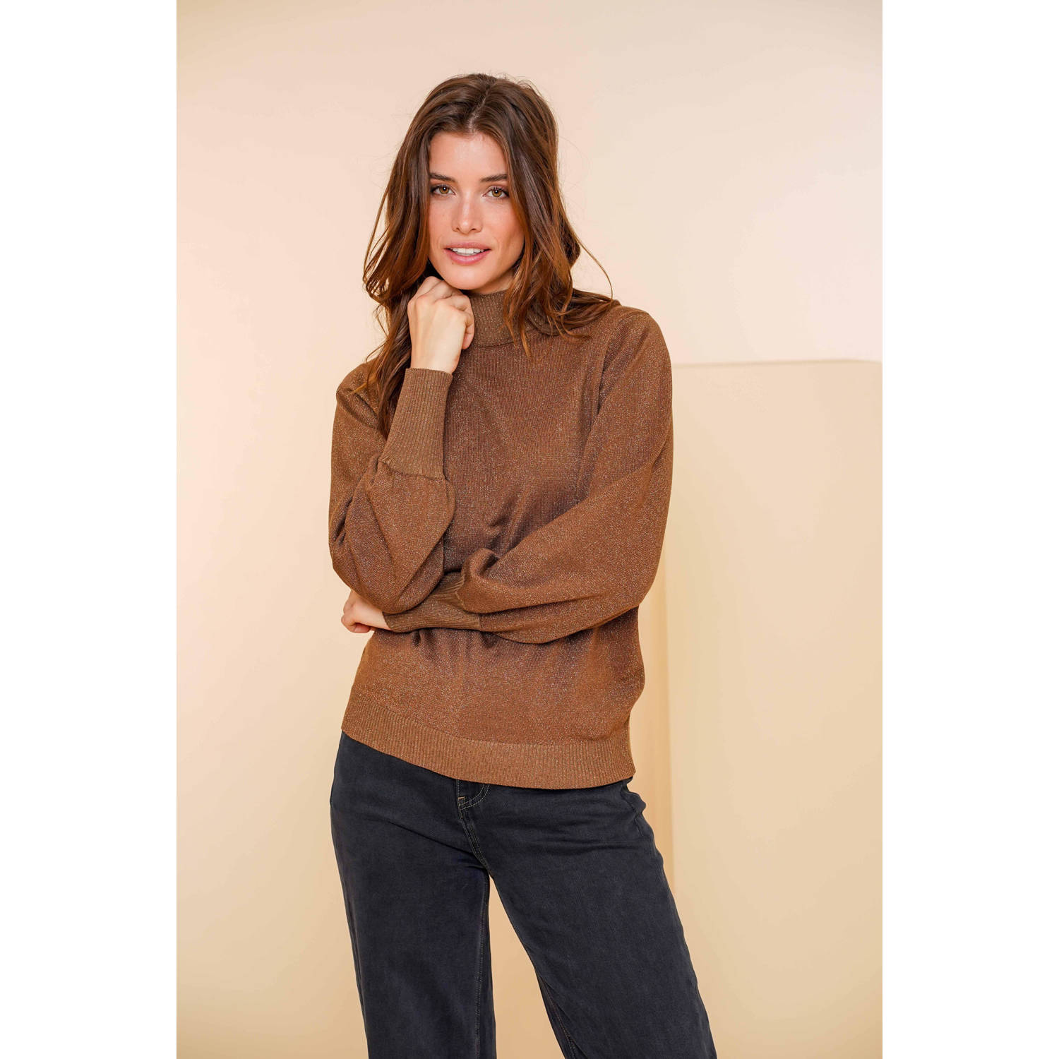 Geisha Turtle Neck Lurex Pullover Sweater Brown Dames
