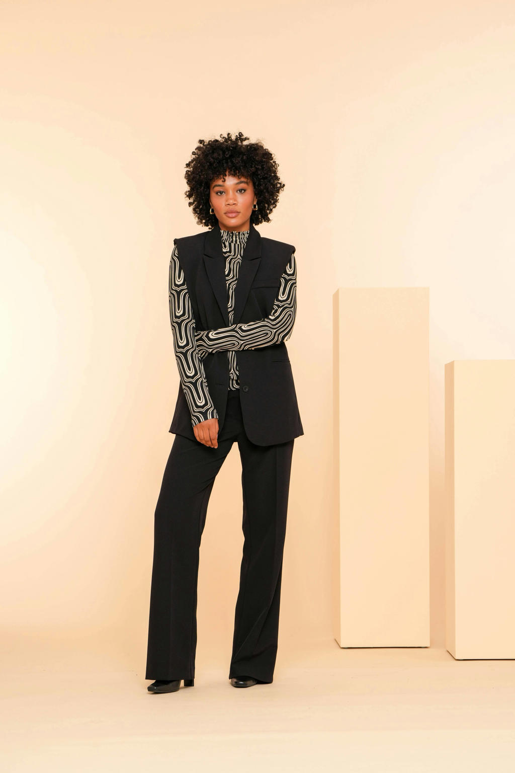 Zwarte dames Geisha high waist wide leg broek van polyester met rits- en knoopsluiting en effen