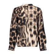 thumbnail: Zand en zwarte dames Geisha top van viscose met lange mouwen en opstaande kraag