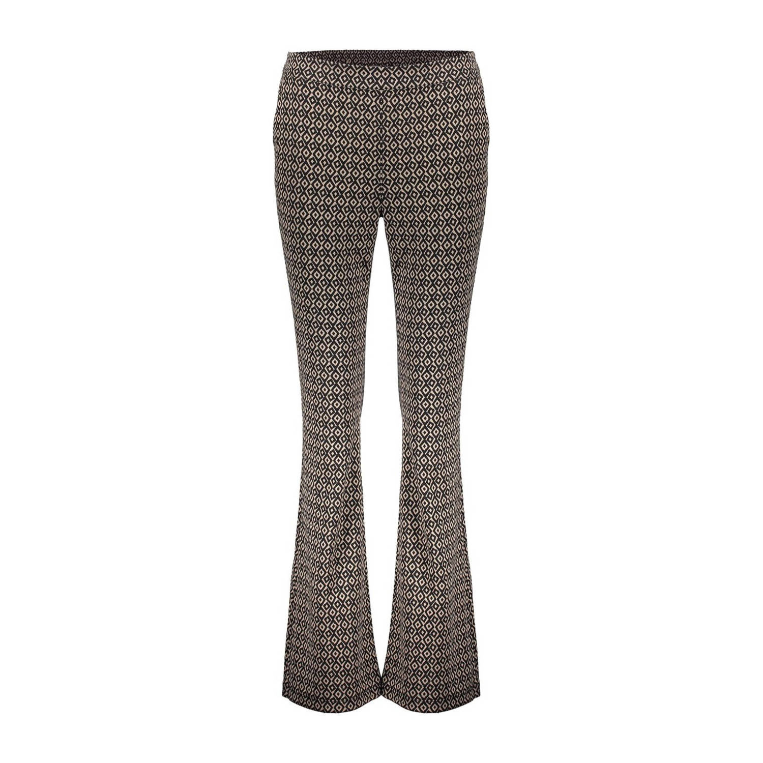 Geisha high waist flared broek met all over print beige zwart