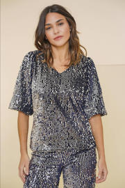 thumbnail: Zilver en donkerblauwe dames Geisha top van polyester met effen, korte mouwen, V-hals en glitters