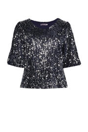 thumbnail: Zilver en donkerblauwe dames Geisha top van polyester met effen, korte mouwen, V-hals en ballonmouwen
