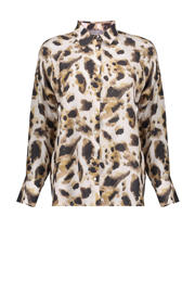 thumbnail: Bruin en zwarte dames Geisha blouse van viscose met panterprint, lange mouwen, klassieke kraag en knoopsluiting