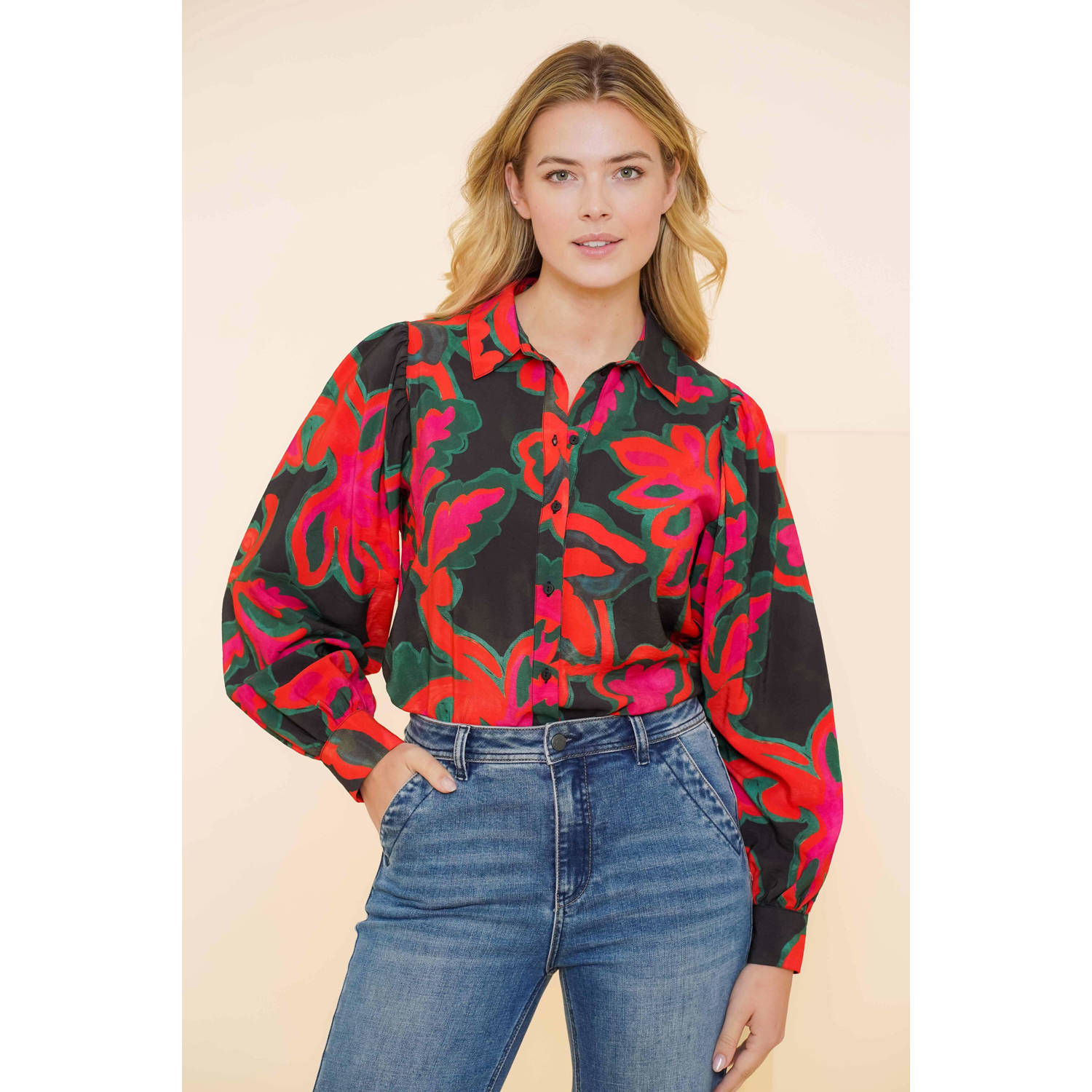 Geisha blouse met all over print roze oranje zwart