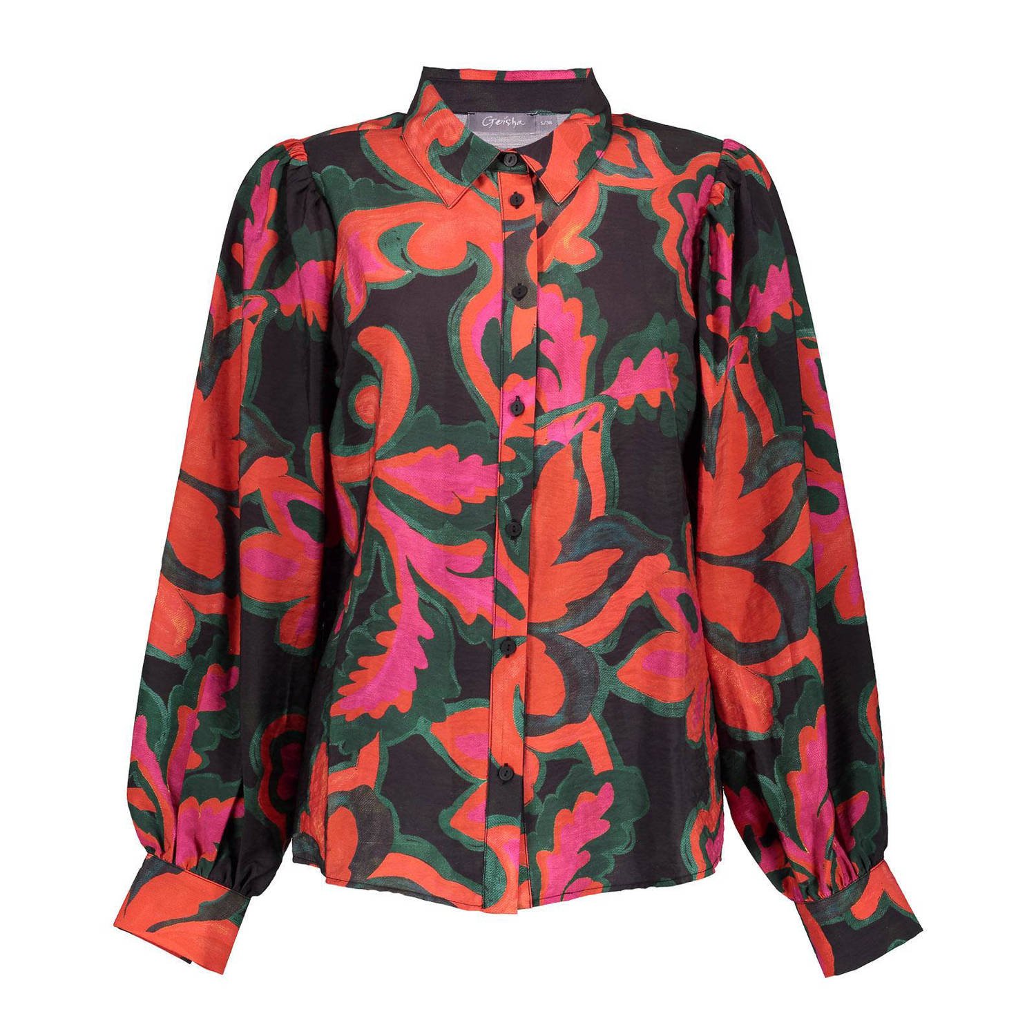 Geisha blouse met all over print roze oranje zwart